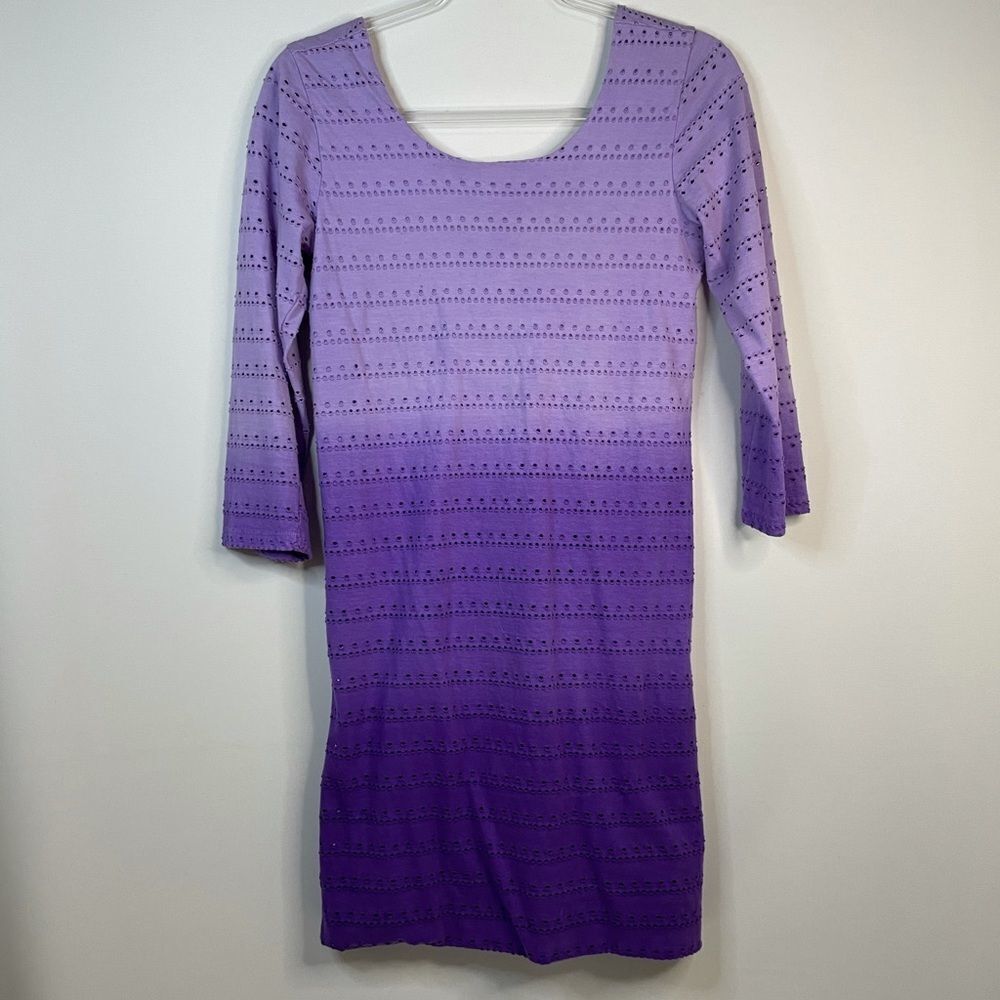 Monrow Purple Ombre Eyelet 3/4 Sleeve Knee Length Sheath Dress Size Small